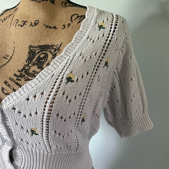 Light Blue Cropped Cardigan With Floral Embroidery Size Medium - Picture 4 of 7